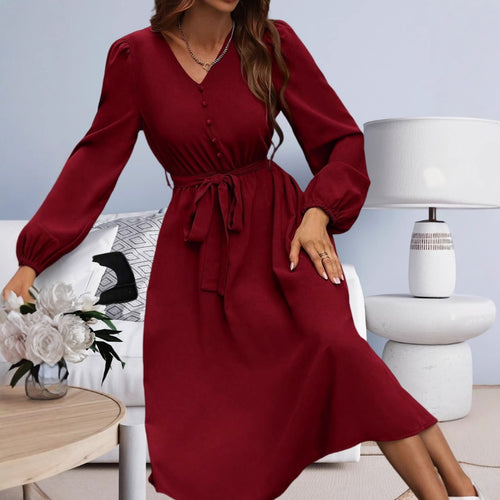 Damen Midikleid mit Taillengürtel und Knopfdetails EB