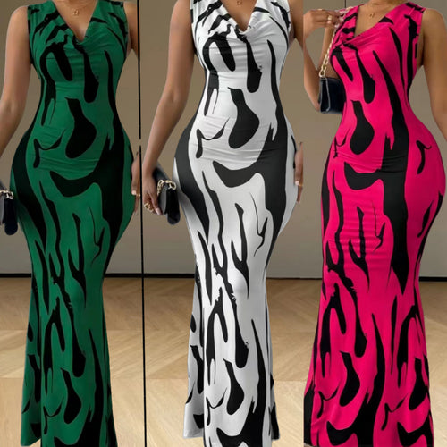 Damen elegantes Maxikleid mit figurbetontem Schnitt und trendigem Muster EB