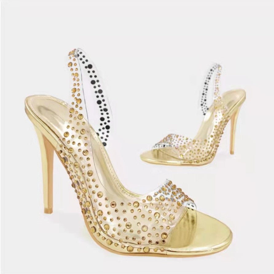 Damen Glamouröse High Heel Sandalen mit funkelndem Strassbesatz EB