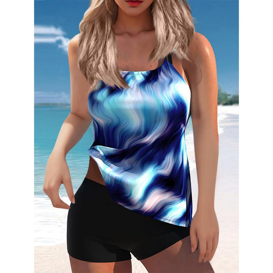 Damen Tankini-Set mit modischem Wasserfarben-Muster und integrierten Shorts EB