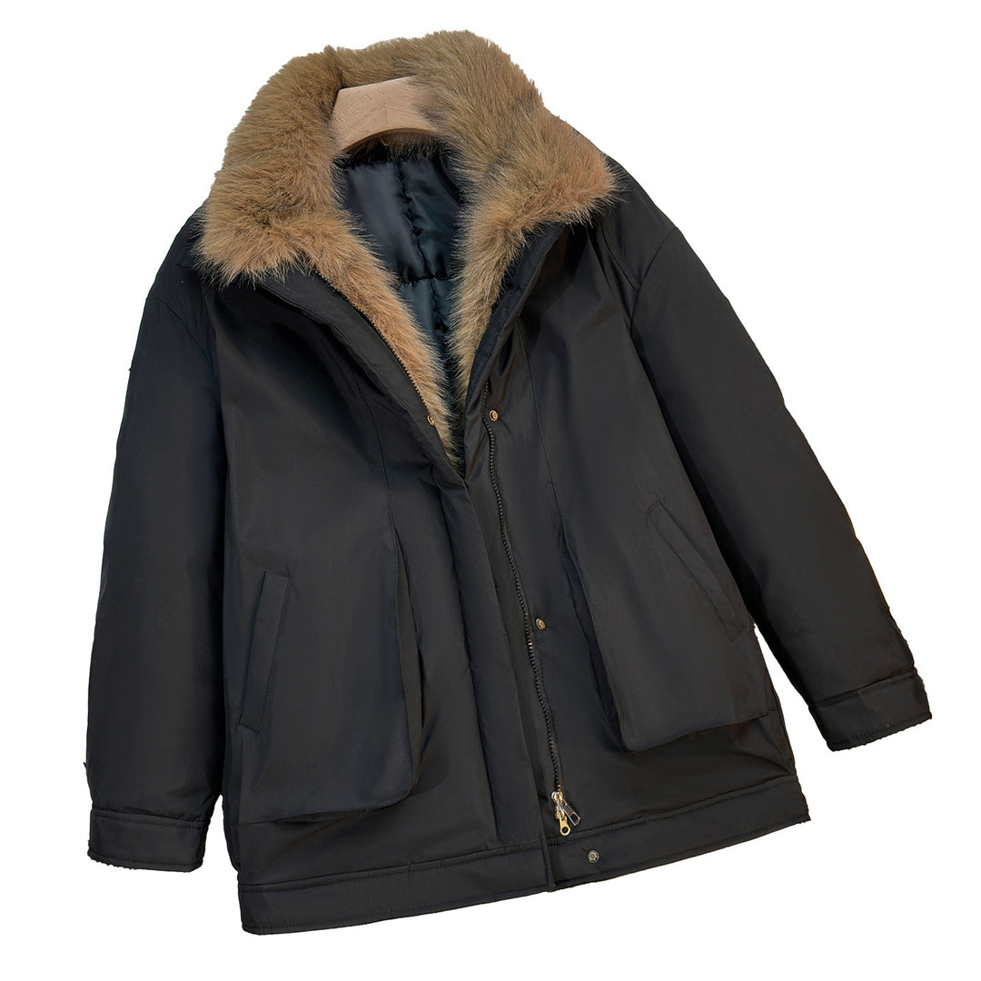 Damen nan mittellanger winddichter Winterparka mit abnehmbarem Kunstfellkragen, wattierter Innenblende und asymmetrischem Saum EB