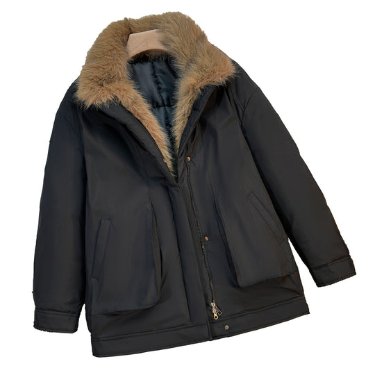 Damen nan mittellanger winddichter Winterparka mit abnehmbarem Kunstfellkragen, wattierter Innenblende und asymmetrischem Saum EB