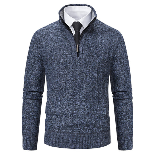 Herren nan Halbzip-Strickpullover mit strukturierter Zopfoptik, wärmendem Stehkragen und schmaler Silhouette EB