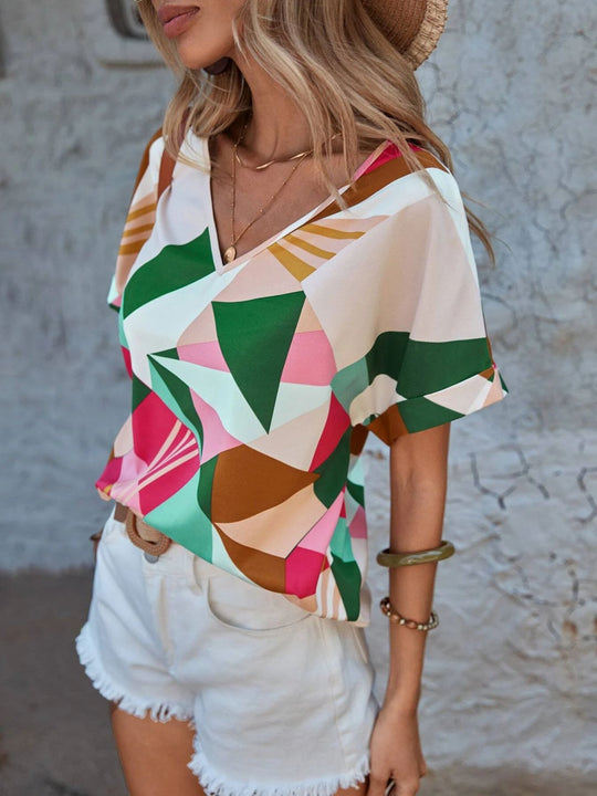 Damen V-Ausschnitt T-Shirt mit geometrischem Muster EB