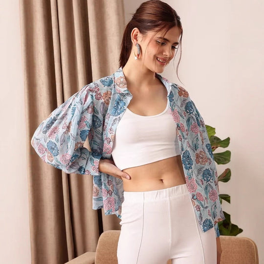Damen leicht transparente Chiffonjacke mit floralen Motiven und ballonartigen Ärmeln EB