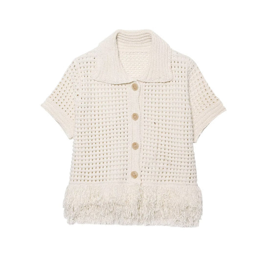 Damen Kurzarm-Strickjacke mit fransigem Saum und dekorativen Knöpfen EB