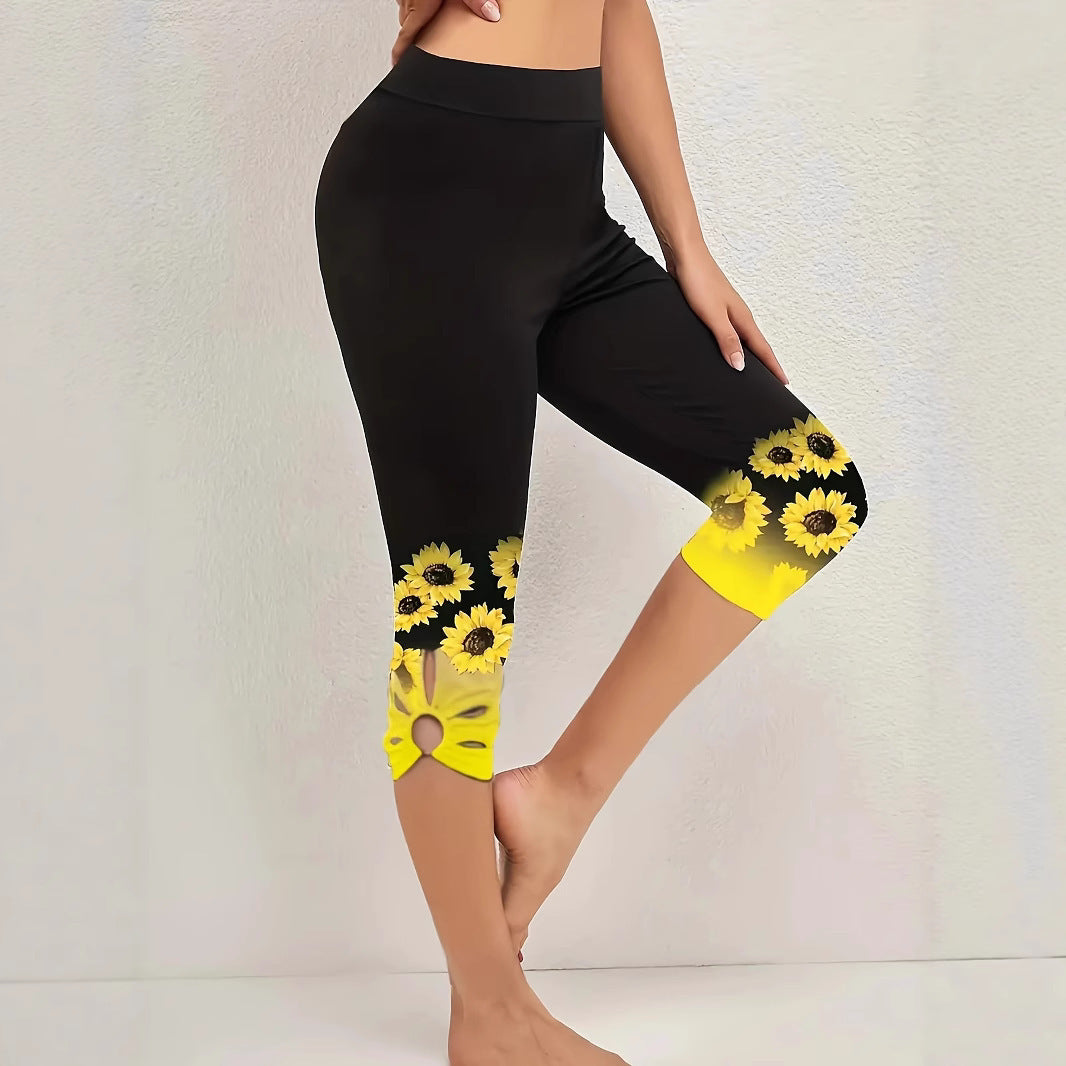 Damen Capri-Leggings mit einzigartigem Sonnenblumen-Design und hohem Bund EB