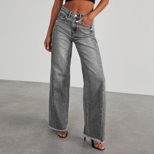 Damen Weitgeschnittene Jeans mit fransigen Säumen EB
