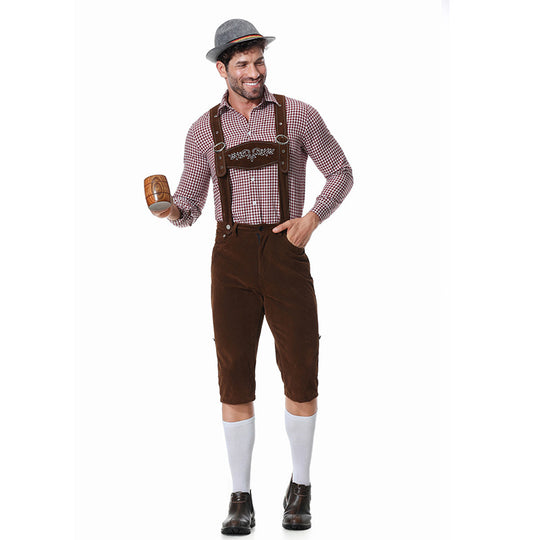 Herren nan kurze Trachtenlederhose in Veloursleder-Optik mit besticktem Brustlatz und verstellbaren Trägern EB