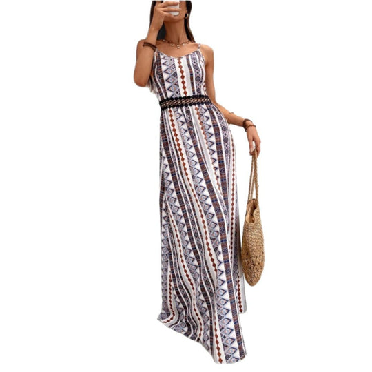 Damen Maxikleid mit bohemian Muster und raffiniertem elastischem Taillenband EB