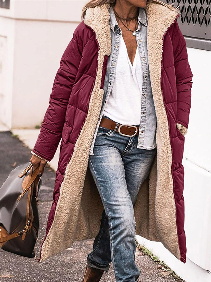 Damen Lange Steppjacke mit kuscheligem Innenfutter und Kapuze EB