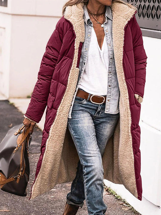 Damen Lange Steppjacke mit kuscheligem Innenfutter und Kapuze EB