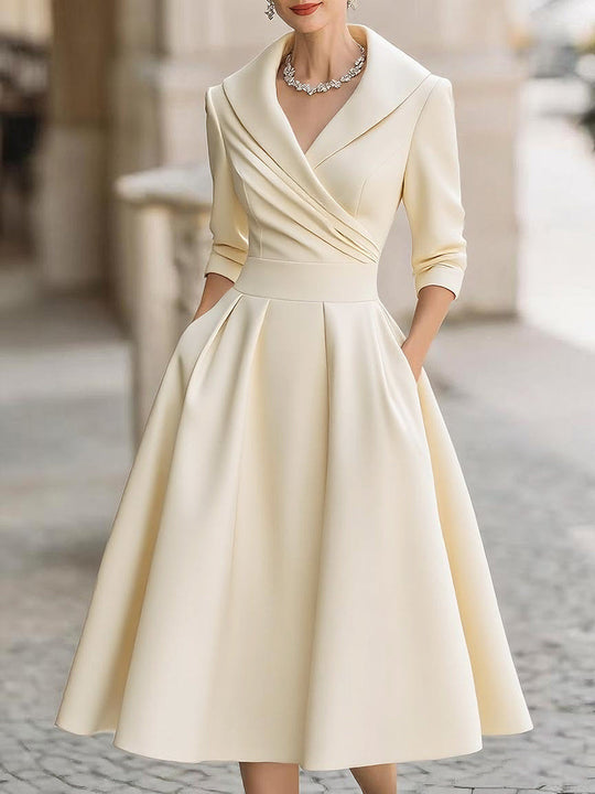Damen nan elegantes Midikleid mit Wickeloberteil, Dreiviertelärmeln und Eingrifftaschen EB
