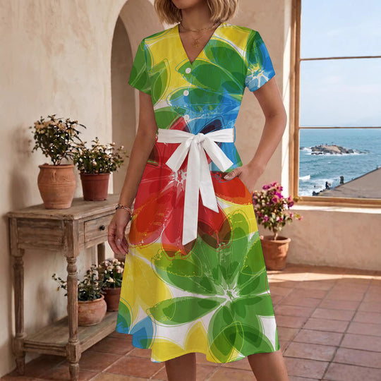 Damen Midikleid mit farbenfrohem Blumendesign und taillierbarem Bindegürtel EB