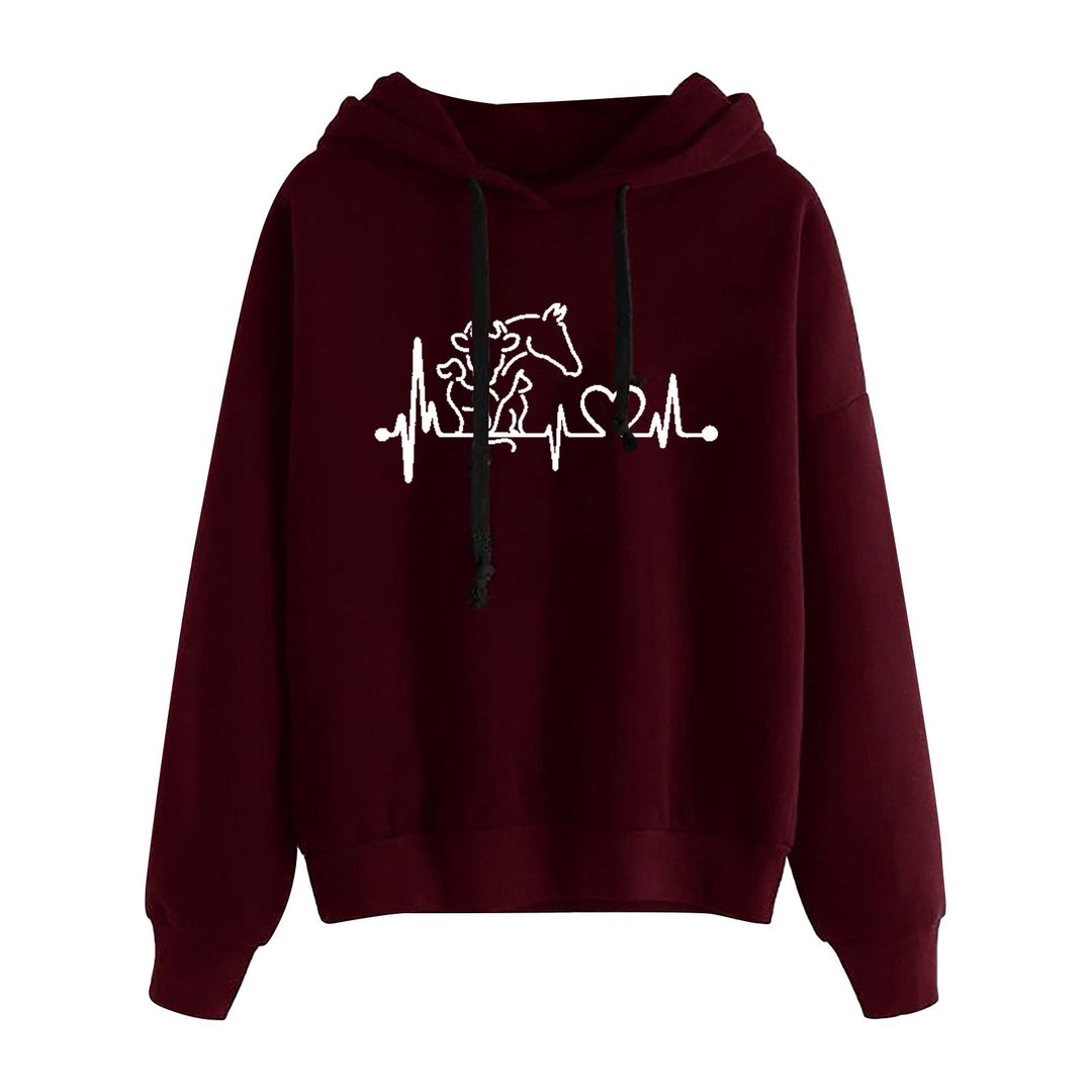 Damen nan leichter Oversize Kapuzenpullover mit Herz‑EKG‑Motiv, langen Kordeln und elastischem Bund EB