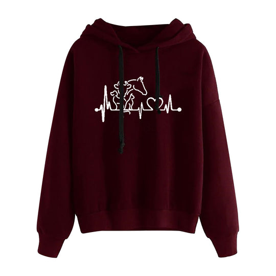 Damen nan leichter Oversize Kapuzenpullover mit Herz‑EKG‑Motiv, langen Kordeln und elastischem Bund EB