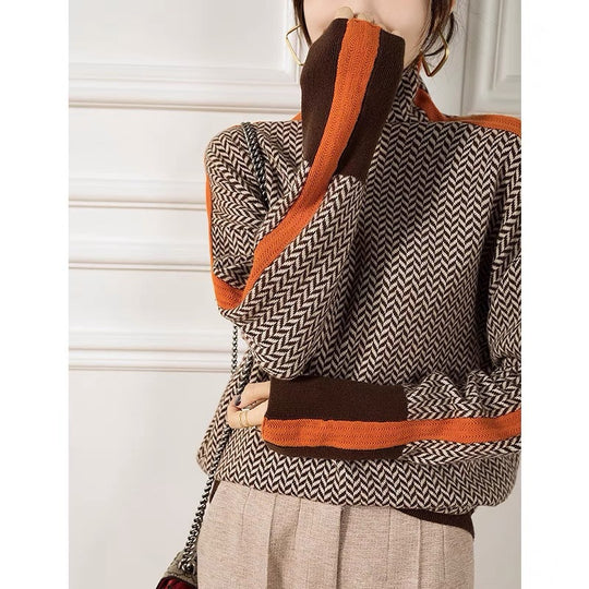 Damen Hochwertiger Rollkragenpullover mit Chevron-Muster EB