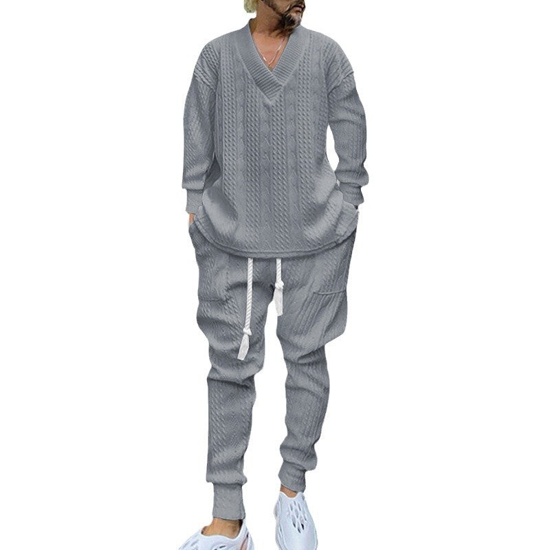 Herren nan gestricktes Lounge-Set mit tiefem V‑Ausschnitt, Kordelzug-Jogginghose und Rippbündchen EB