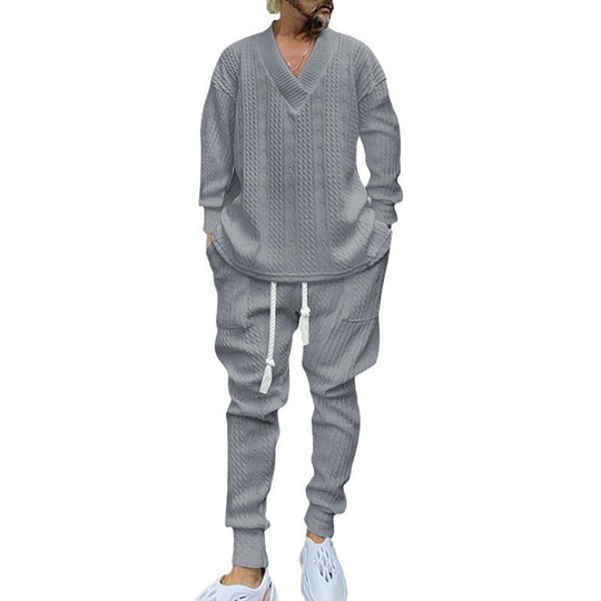 Herren nan gestricktes Lounge-Set mit tiefem V‑Ausschnitt, Kordelzug-Jogginghose und Rippbündchen EB