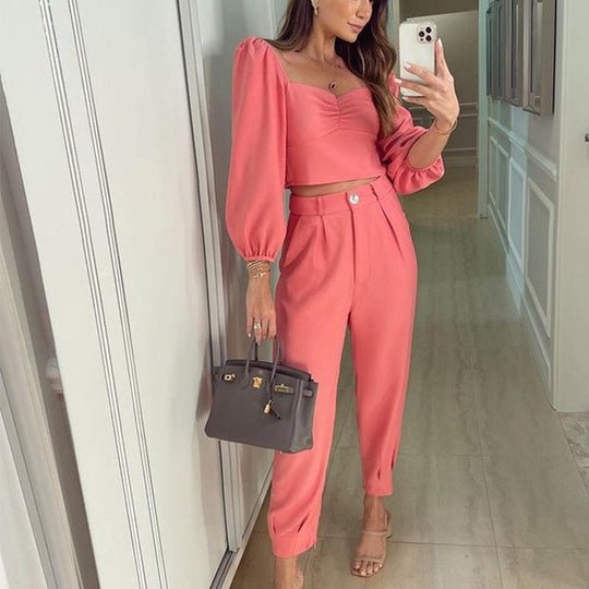Damen elegantes Set aus verkürztem Oberteil und hoch taillierter Hose EB