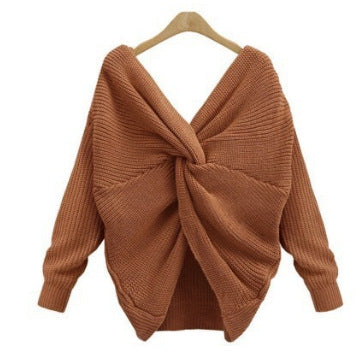 Damen Strickpullover mit einzigartigem Rückendesign und tiefem V-Ausschnitt EB