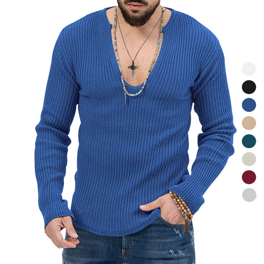 Herren elegantes Langarmshirt mit tiefem V-Ausschnitt und strukturiertem Gewebe EB