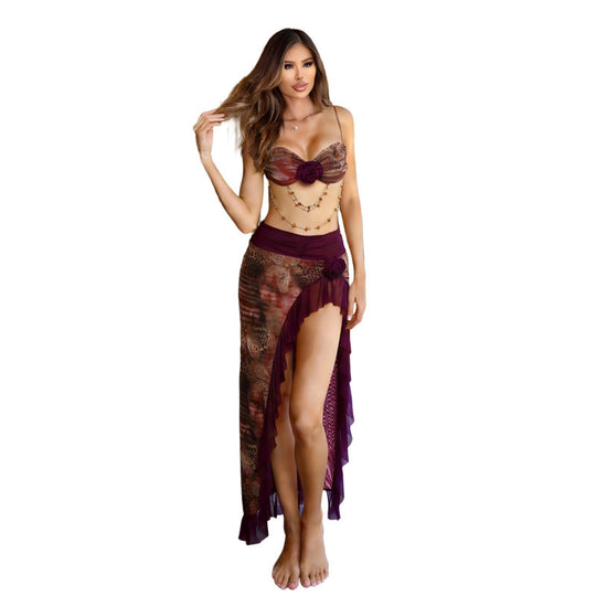 Damen elegantes Wickel-Badeanzug-Set mit floralem Design und Rüschen EB