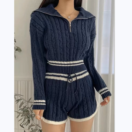 Damen Cropped Strickpullover mit hohem Kragen und Shorts im Set EB