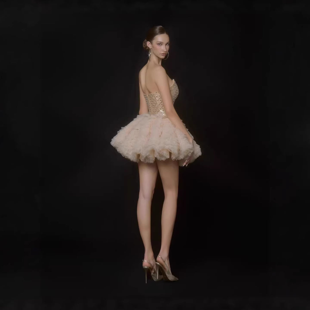 Damen Glamouröses Tüll-Cocktailkleid mit schimmerndem Oberteil EB