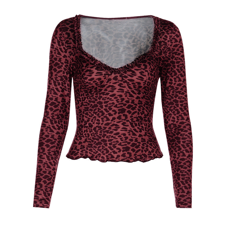 Damen elegantes Leopardenmuster Langarmoberteil EB