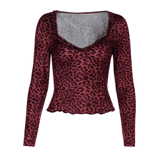 Damen elegantes Leopardenmuster Langarmoberteil EB