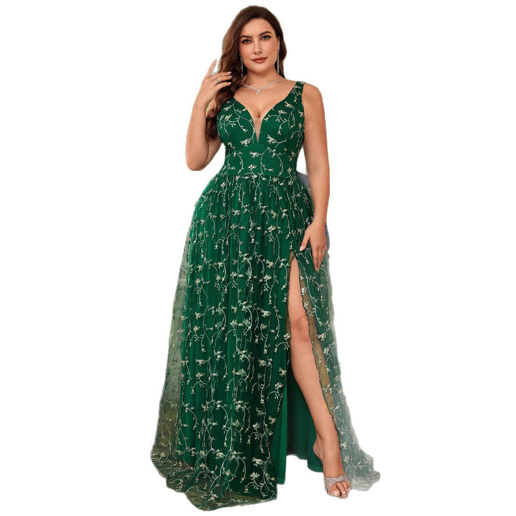 Damen Elegantes Maxikleid mit floralem Spitzenbesatz und hohem Beinschlitz EB