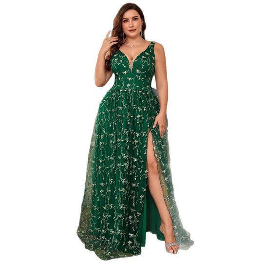 Damen Elegantes Maxikleid mit floralem Spitzenbesatz und hohem Beinschlitz EB