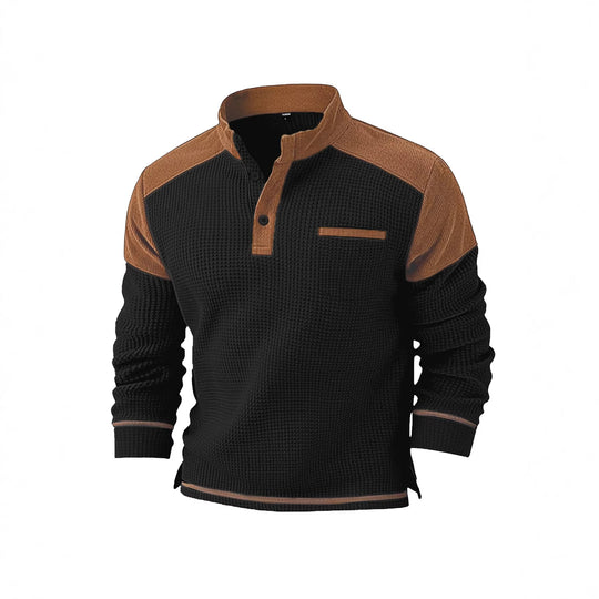 Herren nan Waffelstrick-Henley mit Stehkragen, Cord-Schulterpasse und Brustpaspel EB