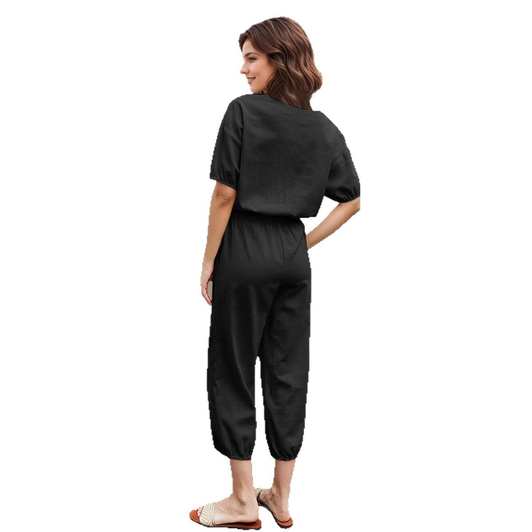 Damen modisches Zweiteiler-Set mit elastischem Bund und stylischen Puffärmel EB