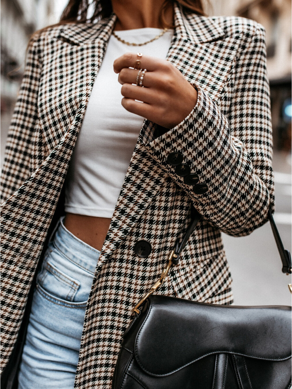 Damen lässiger Oversized-Blazer mit klassischem Hahnentrittmuster EB