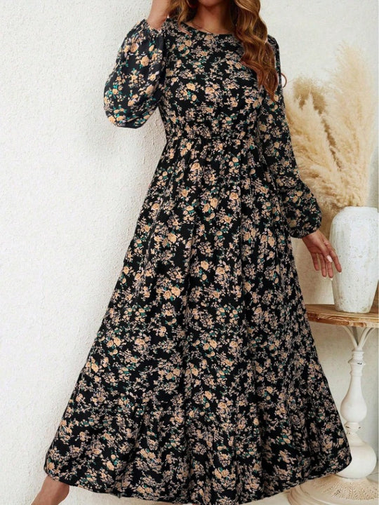 Damen Florales Midikleid mit elastischer Taillenpartie, langen Balloonärmeln und Volantstufe EB