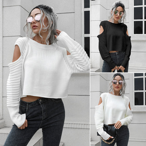 Damen Cropped Pullover mit offener Schulter und Rippstrickmuster EB