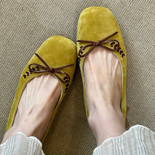 Damen Ballerinas aus weichem Veloursleder mit dekorativem Schleifendetail EB