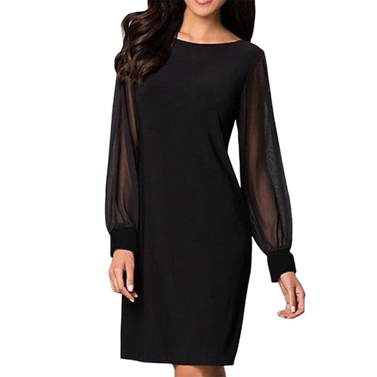 Damen nan elegantes Etuikleid mit transparenten Chiffon-Ärmeln, Rundhalsausschnitt und taillierter Silhouette EB