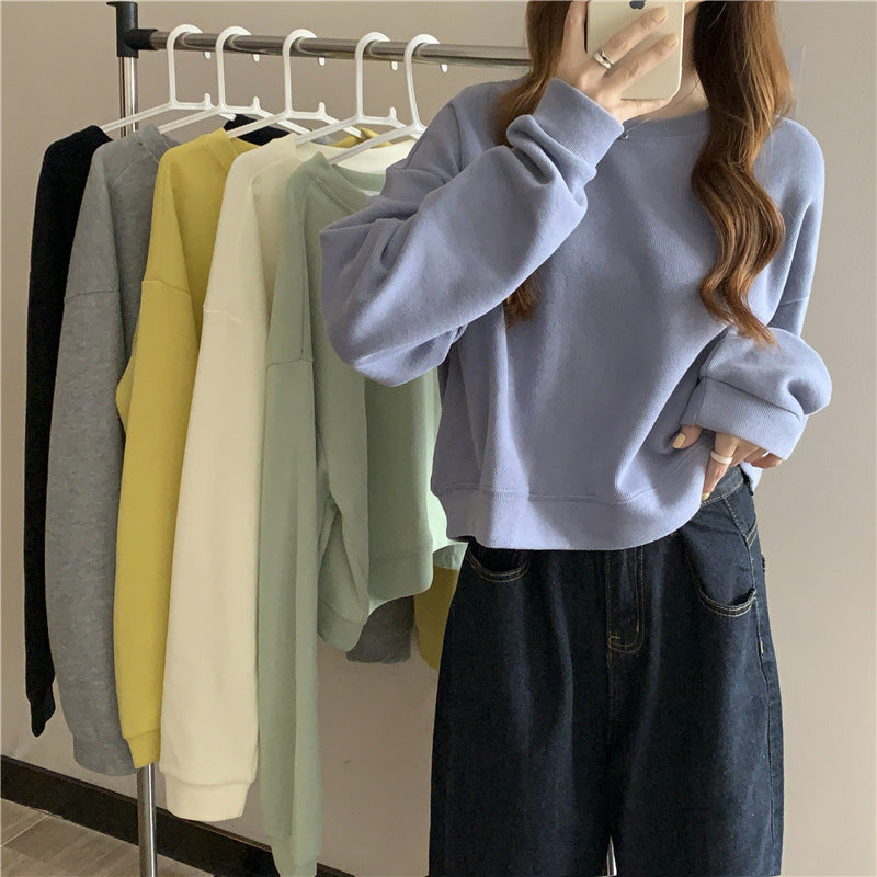 Damen lässiger cropped Pullover aus weichem Baumwollmix mit modischem Rundhalsausschnitt EB