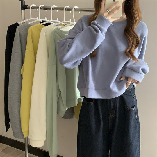 Damen lässiger cropped Pullover aus weichem Baumwollmix mit modischem Rundhalsausschnitt EB