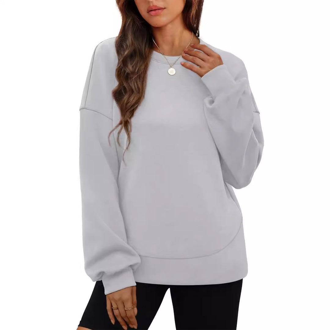 Damen nan lässiges Oversize Rundhals-Sweatshirt mit überschnittener Schulter gerundetem Saum und weichem Innenfutter EB