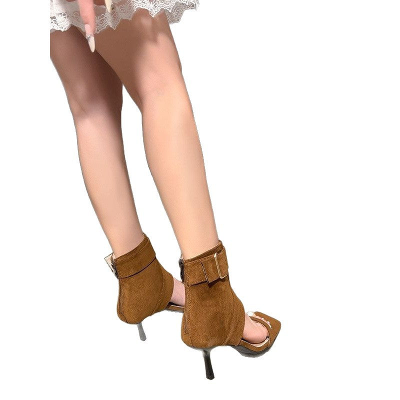 Damen elegante Ankle Boots mit modischem Riemen und hohem Absatz EB