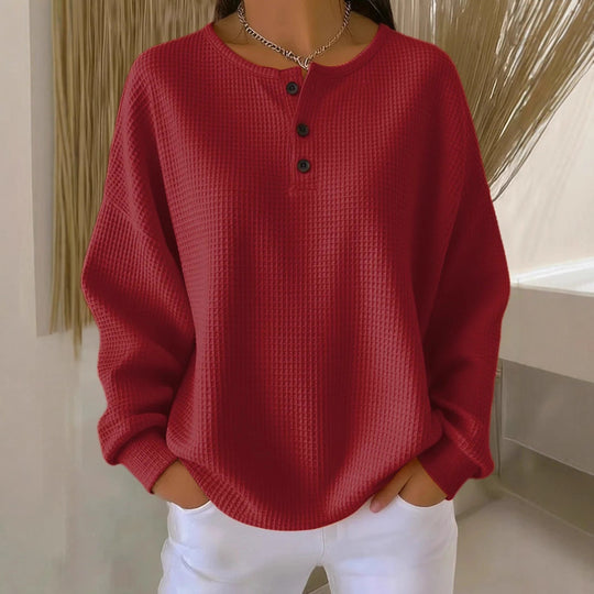 Damen nan Oversized Waffelstrick Henley-Pullover mit Knopfleiste und abgerundetem Saum EB