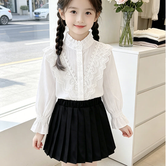 Mädchen elegante Bluse mit Rüschendetails und Spitzenbesatz EB