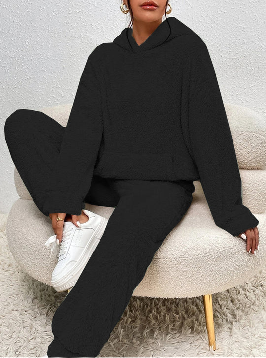 Damen nan kuscheliges Teddy-Fleece Hausanzug-Set mit Kapuze, Kängurutasche und elastischer Jogginghose EB