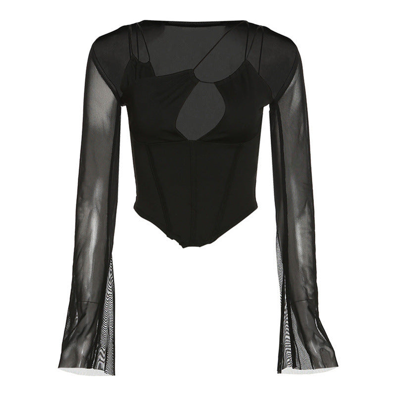 Damen Eleganter langärmliger Bodysuit mit tiefem Ausschnitt und verspieltem Trägerdesign EB