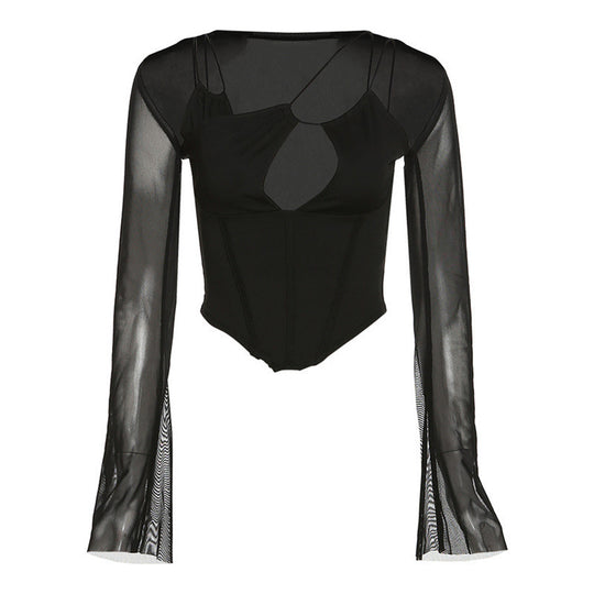 Damen Eleganter langärmliger Bodysuit mit tiefem Ausschnitt und verspieltem Trägerdesign EB