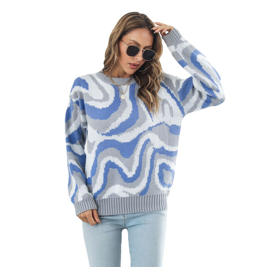 Damen lässiger Pullover mit einzigartigem Wellenmuster EB